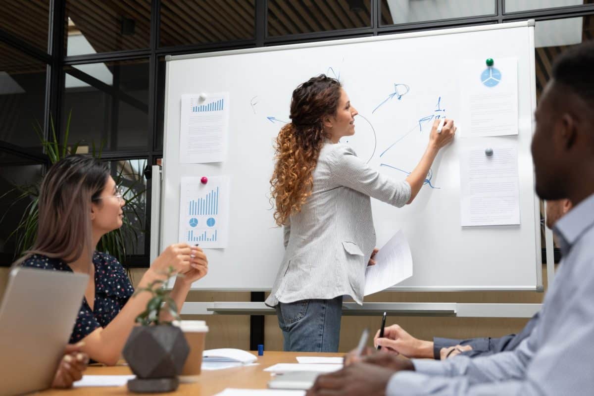 businesswoman,presentation,conductor,manager,coach,drawing,writing,plan,on,whiteboard