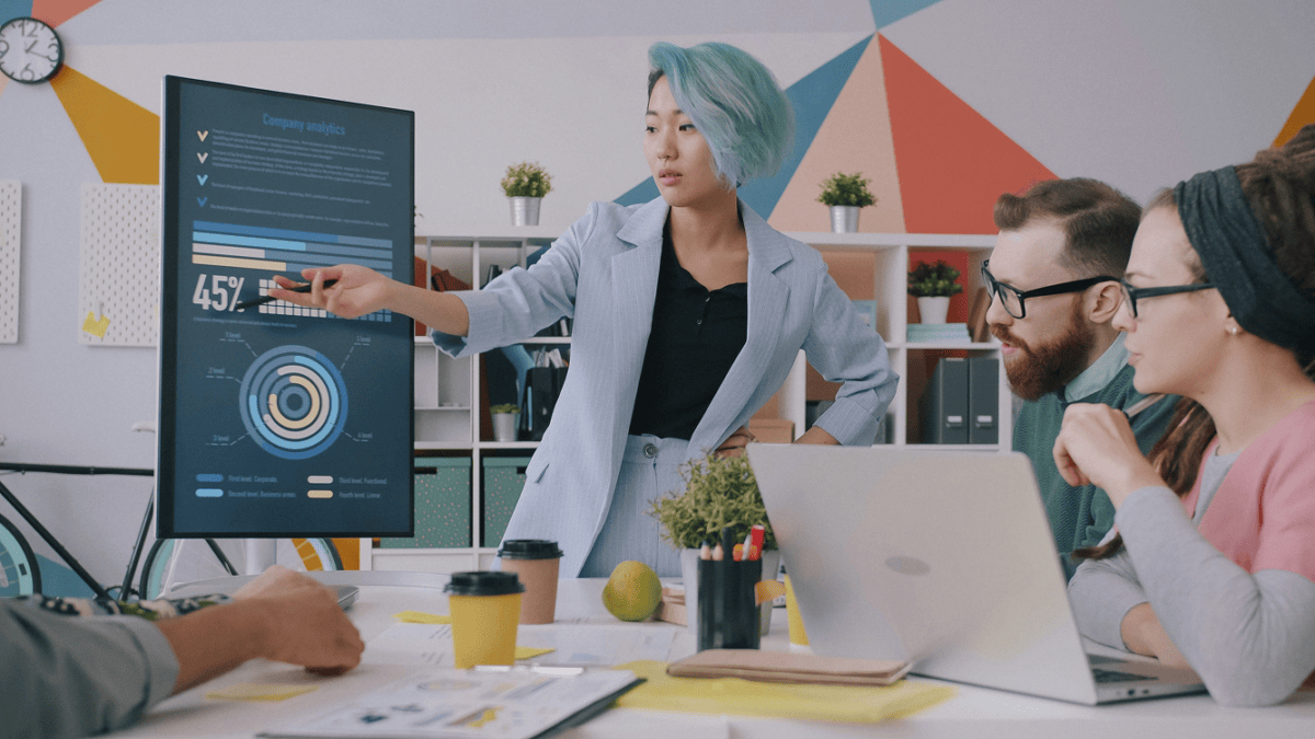Business team discussing performance metrics and analytics dashboards in a meeting